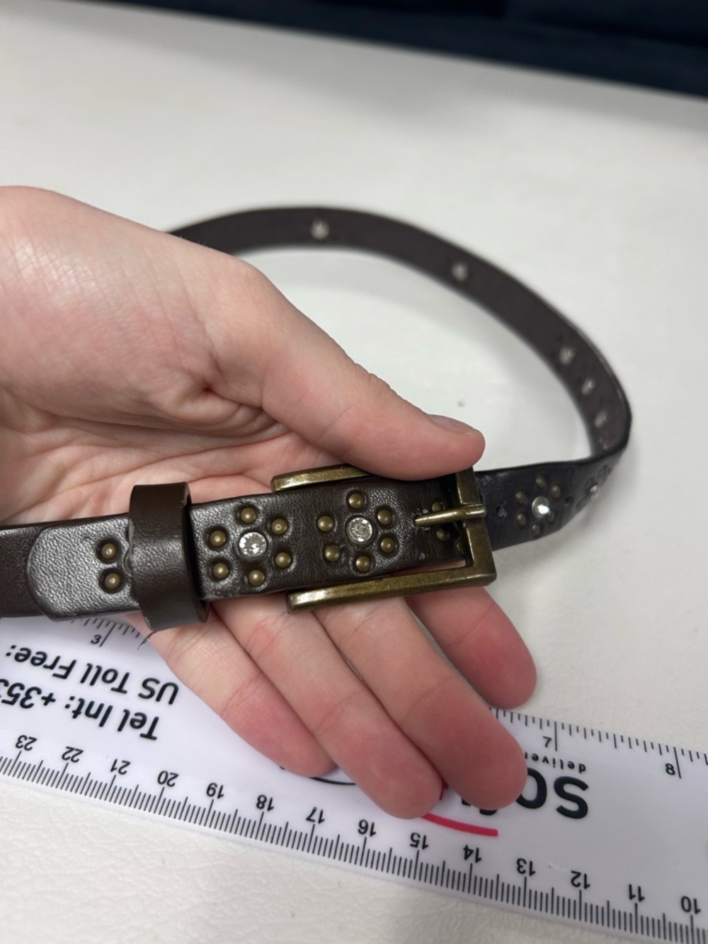 Women’s Brown Leather Studded Belt with Antique Brass Buckle